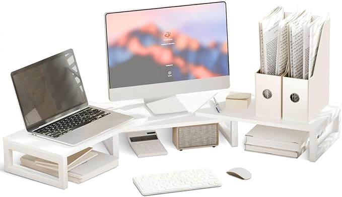 TEAMIX Desk Organizer Dual Monitor Stand Riser, Adjustable Computer Stand 45.5'' Long Desktop Shelf Office Organizer for Laptop,Printer,File,Keyboard Storage Ergonomic Design (White)
