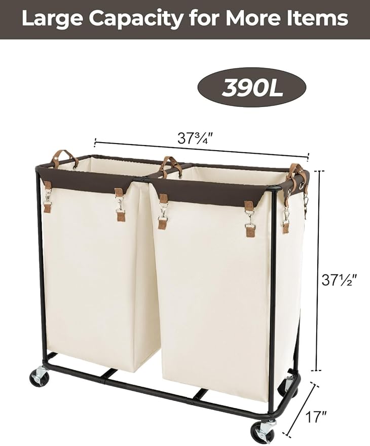 StorageWorks 390L Extra Large Lanudry Hamper with Wheels, Laundry Basket with Wheels 2 Sections, Clothes Sorter Cart with Divider for Hotel, Home, Beige, 1-Pack