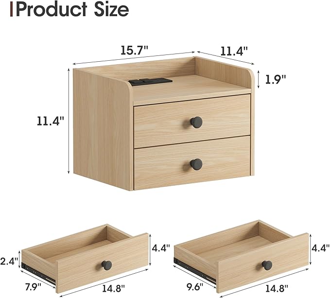 Floating Nightstand Set of 2 with 2 Storage Drawers and Charging Station Wood Wall Mounted Bedside End Table Modern Night Stands Set 2 for Bedroom,Small Space,Natural