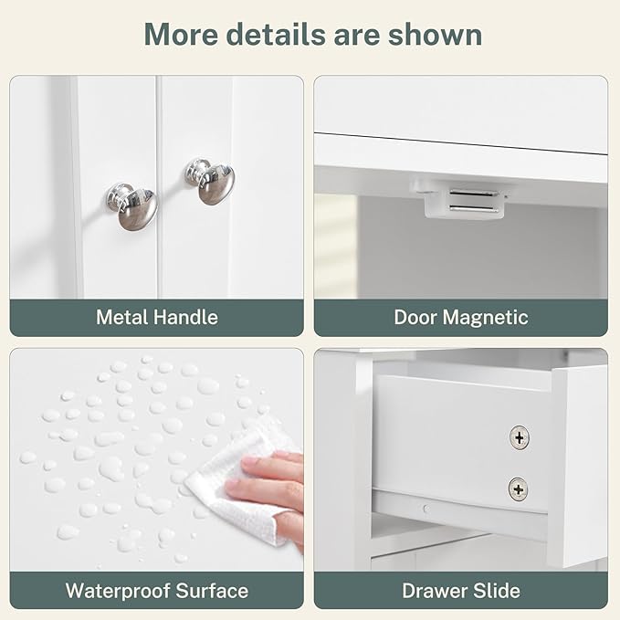 TEENFON Pedestal Sink Storage Cabinet with 2 Doors and Drawer, Bathroom Sink Cabinet, Under Sink Storage with U-Shape Cut-Out, White