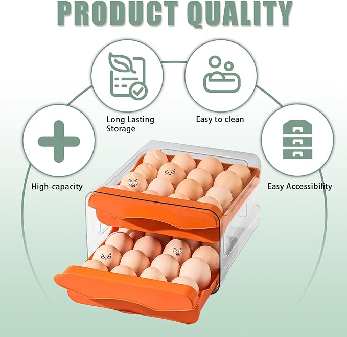 Refrigerator egg rack, egg container, egg storage box, double-layer transparent surface stackable, concave and convex handle kitchen storage organizer, bracket tray, refrigerator organizer (orange)