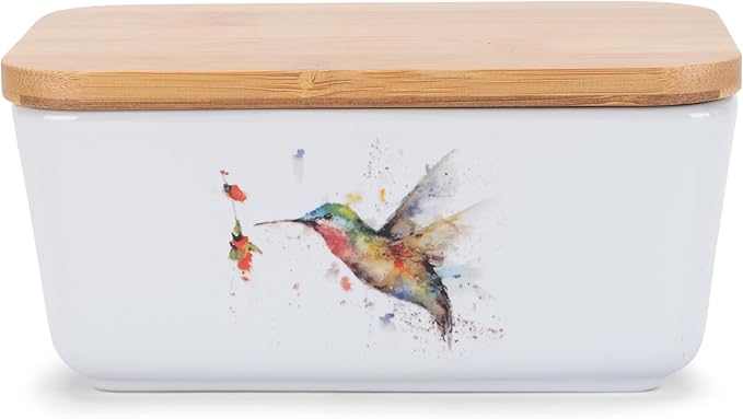 Nat & Jules Dean Crouser Ceramic Stoneware 1/2 Pound 2 Sticks Butter Dish Airtight Bamboo Lid Kitchen Accessory, Container Holder, Refrigerator Storage, Countertop Organization, Watercolor Hummingbird