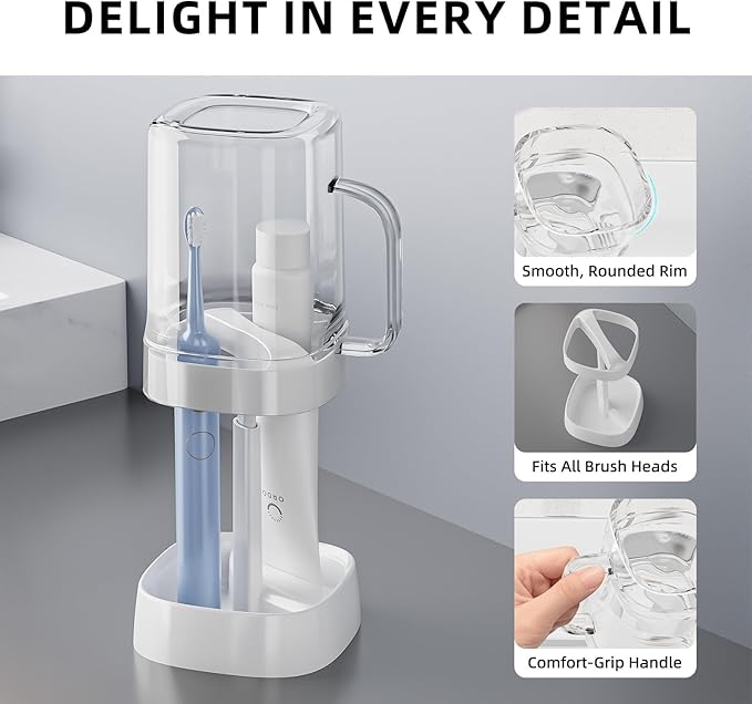 Toothbrush Holder with Cover/Cup, Bathroom Counter Organizer for Regular and Electric Toothbrushes and Toothpaste, Sleek Modern Bathroom Accessories, White