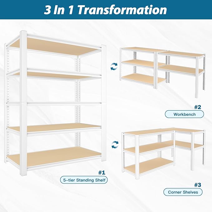 PrimeZone 28" W x 12" D x 59" H Closet Storage Shelves - 5 Tier White Metal Connector Shelving, Adjustable Heavy Duty Garage Shelves, Utility Rack Organizer Shelf for Kitchen Pantry Closet, 4 PCS