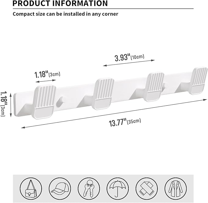 Coat Rack Wall Mount Coat Hooks - White Hook Rack with 4 Hooks Aluminum Wall Rack Hooks for Hanging Coat Hat Bag Towel Hanger Rustproof Coat Holder