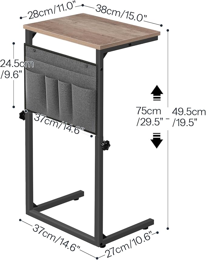 HOOBRO C Shaped End Table, 29.5’’ Adjustable Height Side Table with Storage Pockets, Couch Table Slide Under for Sofa, Small Space, for Living Room, Bedroom, Greige and Black BG77SF01