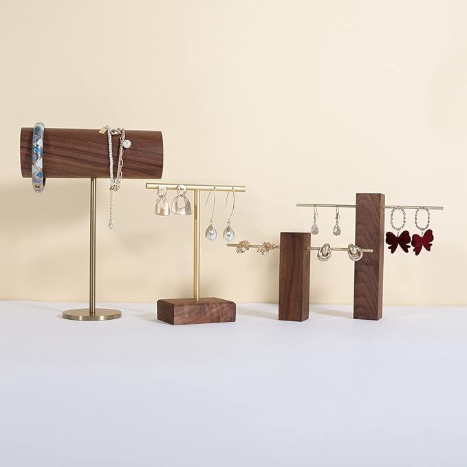 GemeShou earrings T display stands for selling, small earring holder jewelry stand with 4 holes on bar, wood earring hanger for boutique display【Walnut】