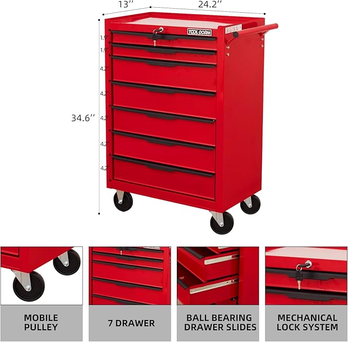 7-Drawer Rolling Tool Chest Cabinet, Large Capacity Metal Tool Box with Wheels and Cylinder Locking, Roll Around Storage Organizer Tool Cart for Garage, Warehouse, Work Shop - Red