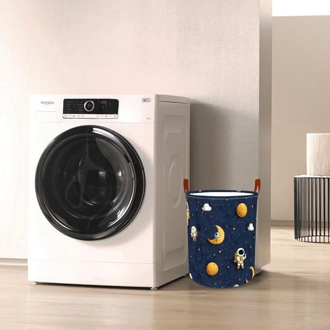 Laundry Baskets 15.7x19.7 Inch Large Astronaut Moon Star Space Design Collapsible Laundry Hamper with Handles Oxford Fabric Clothes Storage Bin Foldable Dirty Clothes for Bedroom Bathroom Dorm