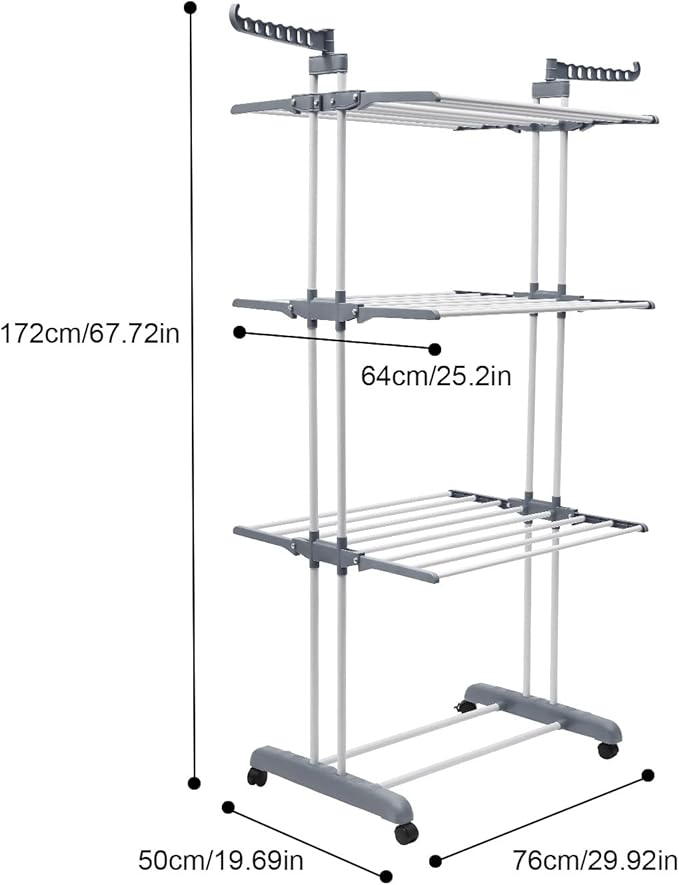 Drying Rack, 29.92*19.69*67.72inch 4 Tier Folding Clothes Drying Rack Rolling Laundry Garment Dryer Stand Multifunctional Stainless Steel Dryings Racks with Wheels for Bedrooms Lofts Balconies Patios