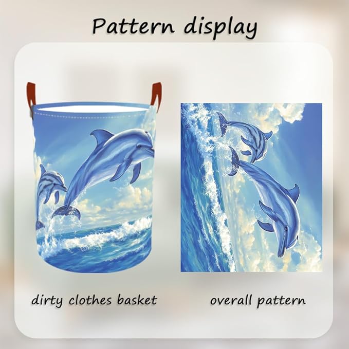 Laundry Baskets 15.7x19.7 Inch Large Dolphin Ocean Design Collapsible Laundry Hamper with Handles Oxford Fabric Clothes Storage Bin Foldable Dirty Clothes Organizer for Bathroom Bedroom Dorm