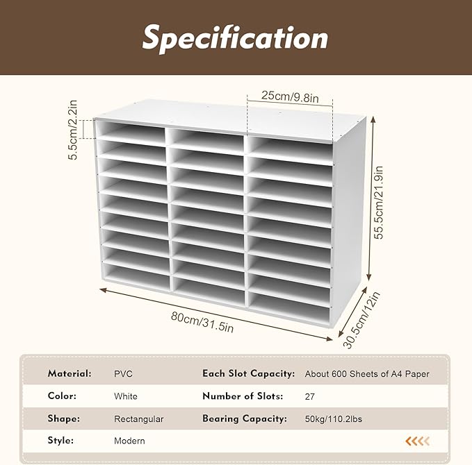 Mail Sorter Organizer, 27 Compartments Mailbox for Classroom, Desktop File Organizer with Adjustable Shelves, for Office Home Classroom, White