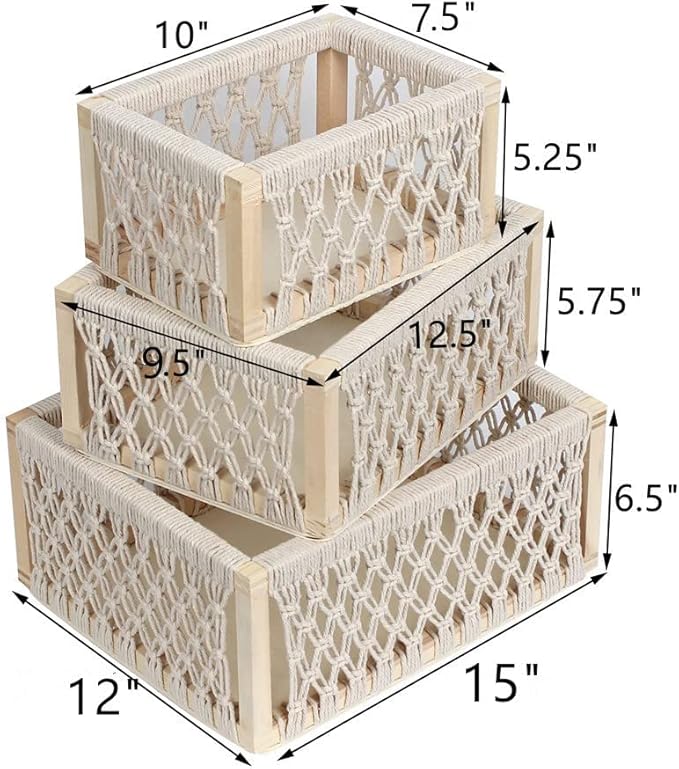 Macrame Baskets for Storage Set of 3, White Decorative Storage Bin for Living Room, Perfect Pampas Grass Holder