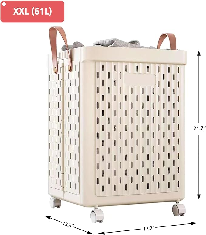 UAK Laundry Basket with Wheels, Collapsible Plastic Laundry Hamper with Handle, Foldable Laundry Basket Organizer for Laundry and Bathroom (Light Yellow, XXL)