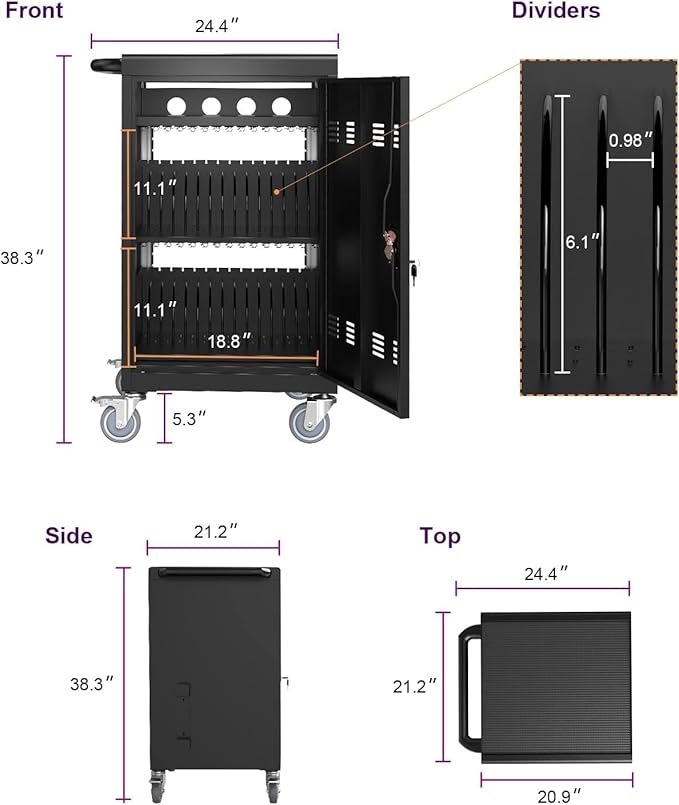 Laptop Charging Cart, 32 Devices Tablet Storage Carts for Ipad up to 16.3" Screen Size, Mobile Charging Station for Classroom, Fast Charging, Security Storage, Easy Use, Black