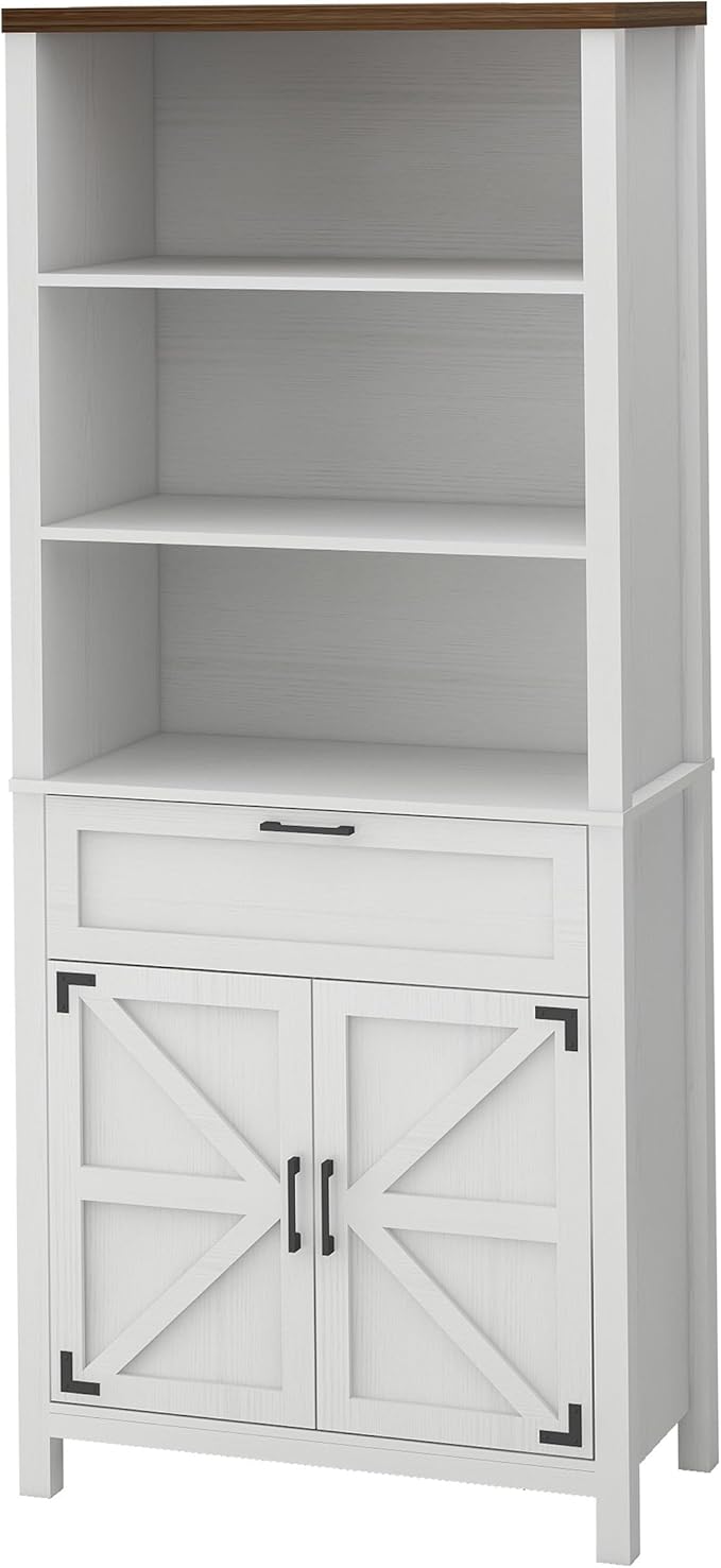 GarveeHome Bookshelf with Doors, 6-Tire Farmhouse Storage Cabinet Bookcase Floor Standing Bookshelves with w/ 1 Drawer and Adjustable Shelves for Homeoffice Living Room, Bedroom