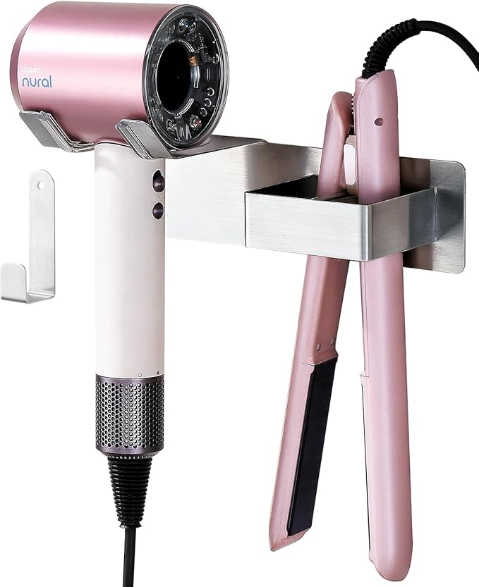Hair Dryer and Straightener Holder, Upgraded Hair Straightener Holder with Cable Hook, Stainless Steel Universal Hairdryer Holder Wall Mounted Waterproof for Bathroom Space-Saving Silver PTALSEAW