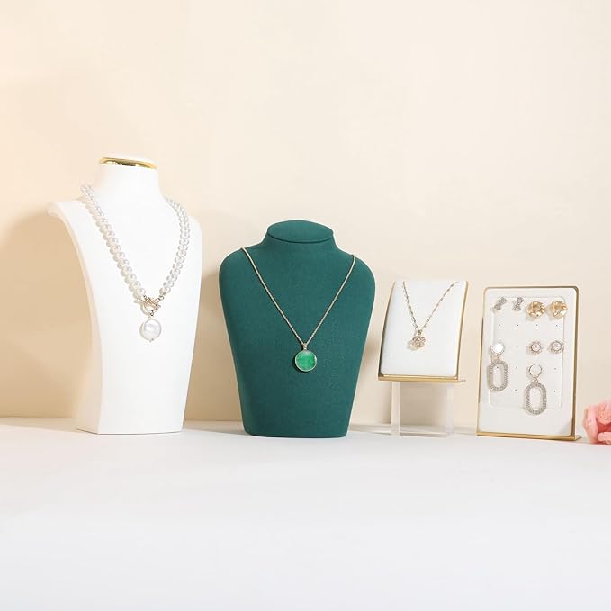 GemeShou Green necklace hanger jewelry organizer, Velvet jewelry stand necklace holder, jewelry mannequin bust for necklaces, Jewelry boutique store photography props【Green-Medium height 7.87 inch】