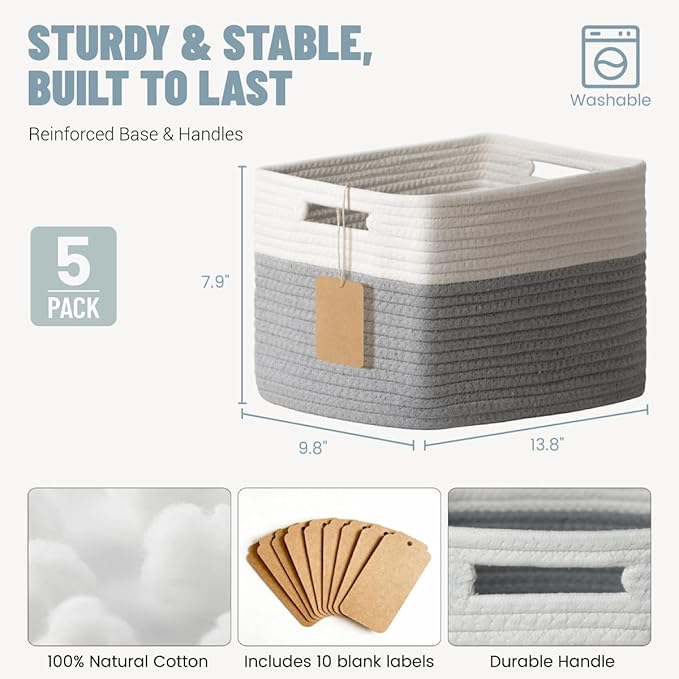 5 Pack Woven Storage Baskets for Shelves, Decorative Basket Closet Organizer Storage Bins for Clothes, Books, Pantry, Bathroom – Cotton Rope Shelf Baskets for Organizing and Decor, Gray & White