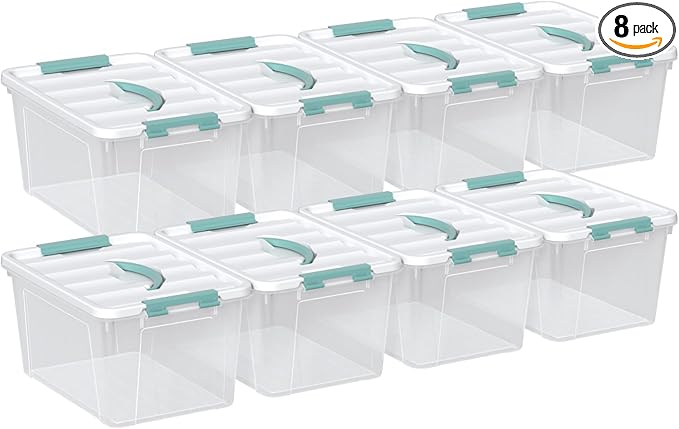 14 Quarts Latching Storage Containers, 8-Pack Clear Plastic Tote Boxes with Lids and Handles
