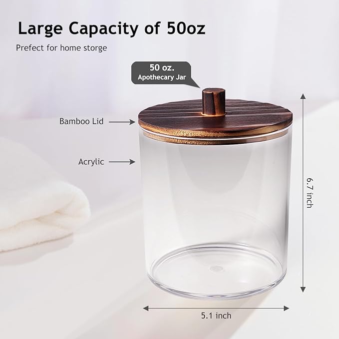 SheeChung 4 Pack 50 Oz Large Apothecary Jar with Wood Lid, Laundry Pods Container, Storage Jars for Bathroom Organization, Plastic Canisters with Cute Stickers Spoons(Dark Brown)