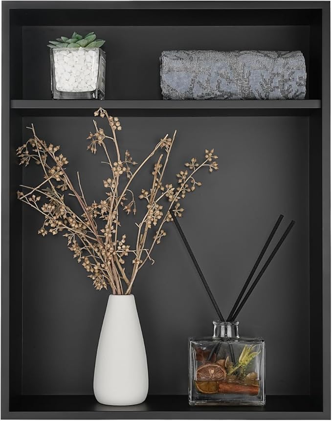 JQK Shower Niche No Tile Need, 18"×14" Matte Black Bathroom Insert Shelf 2 Layer, 304 Stainless Steel Recessed Shower Caddy Organizer Storage, SNL1814D-PB