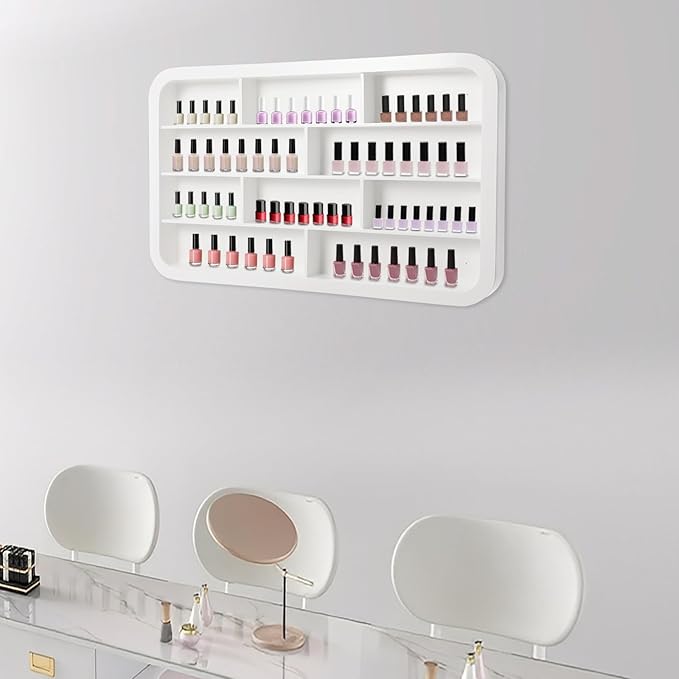 Hanging Nail Polish Display Rack, 4-Tier Wall Mount Nail Polish Organizer with 10 Compartment, Display Stand Shelf for Small Cosmetics (White)