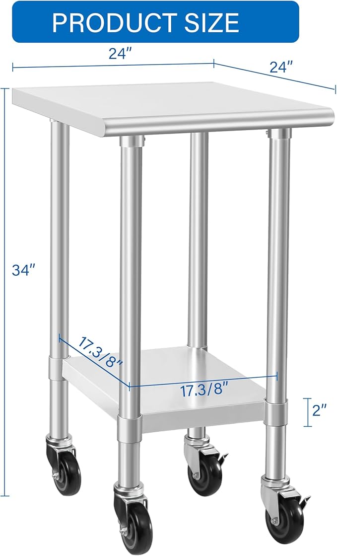 HARDURA Stainless Steel Commercial Table Prep & Work Table with Casters Heavy Duty Metal Table with Wheels NSF 430 24×24 Inches