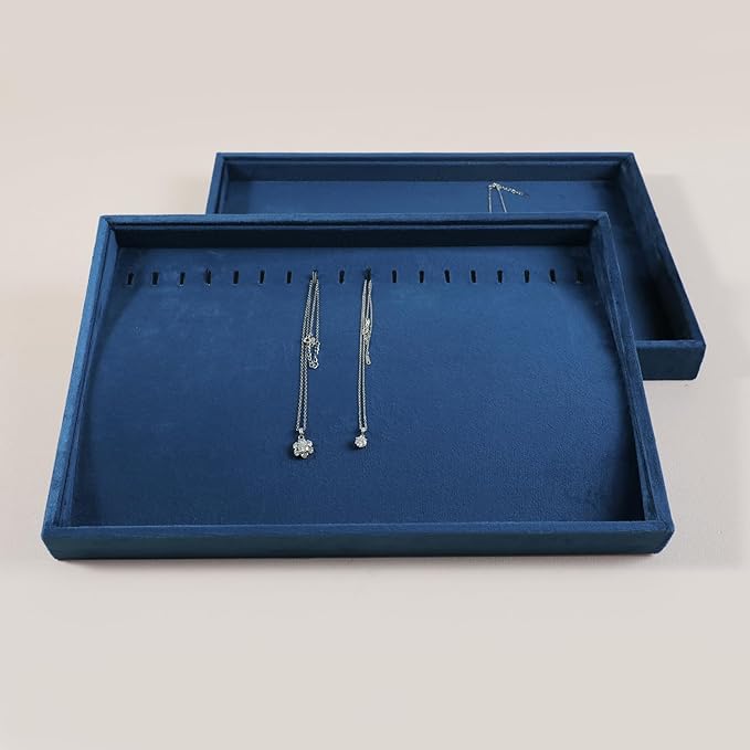 Velvet Jewelry Display Tray For Bracelet Pendant Necklace, Multi-Slot Stackable Storage Tray For Long Chain Jewelries, Drawer Insert Jewelry Organizer (Blue)