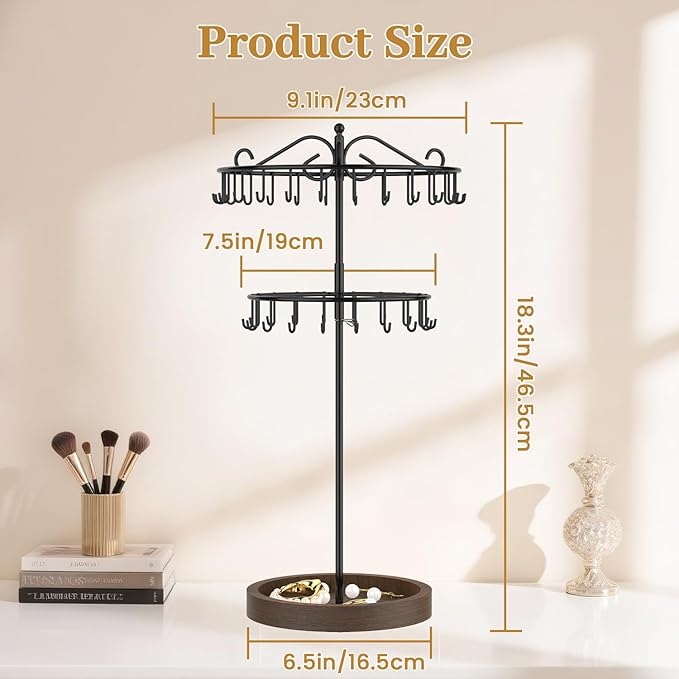 MODOWEY Rotating Necklace Holder Stand Organizer, 2 Tier Adjustable Extra Tall Metal Display Tree with Wooden Tray, 42 Hooks Pendant Hanger for Women Men, Stylish and Secure Jewelry Rack, Black