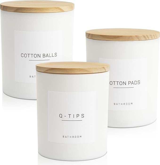 3PCS Farmhouse 13.53oz White Bathroom Canisters with 12 Labels & Wooden Lid Thick Glass Jar Set Qtip Holder for Cotton Ball & Pads Storage Organization Minimalist Decor