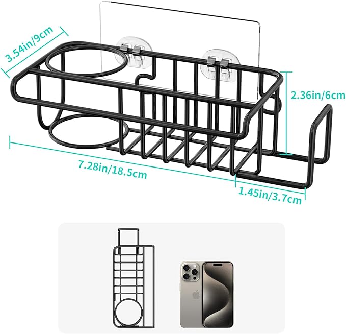 HapiRm 4 in 1 Kitchen Organizers and Storage, SUS304 Stainless Steel Brush Holder + Dish Cloth Hanger + Soap Rack + Sink Stopper Rack, No Drill Kitchen Essentials - Black