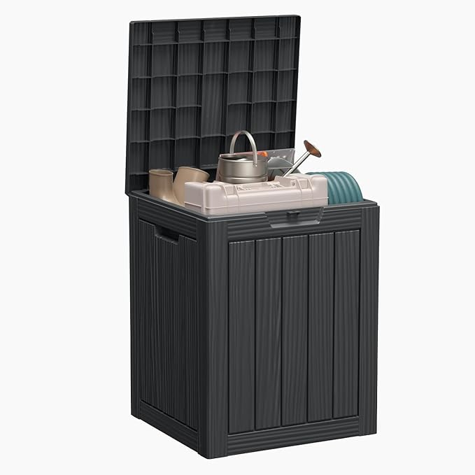 28 Gallon Deck Box,Resin Outdoor Storage Box with Lockable for Patio Furniture, Pool Accessories, Garden Tools Waterproof Outside Storage Box, Black