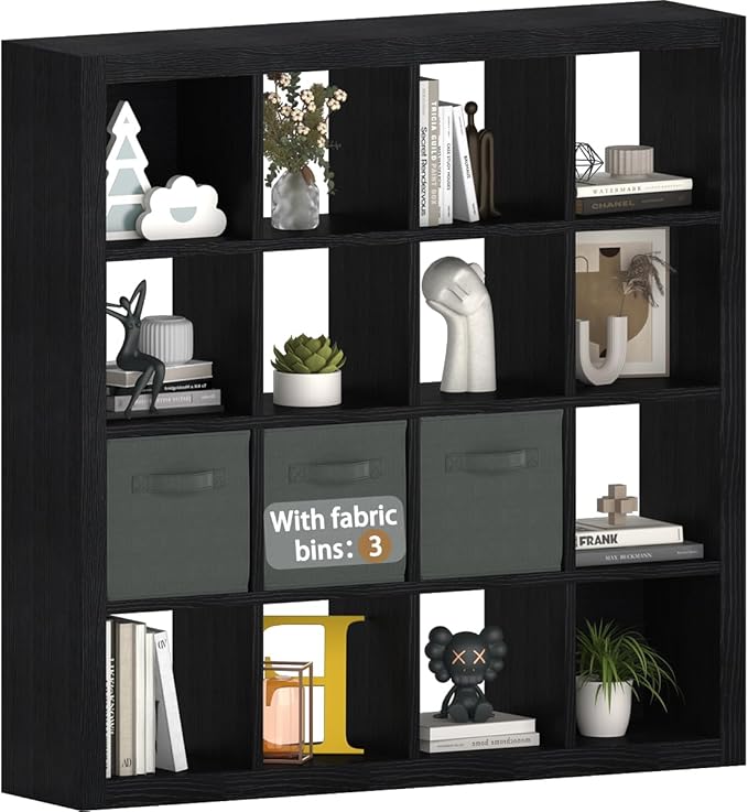 furtble Bookshelf with Storage Bins, 16-Cube Storage Organizer with Back Panels, Modern Wood Open Bookcase, Multifunctional Display Shelf for Living Room, Bedroom, Home Office, Black