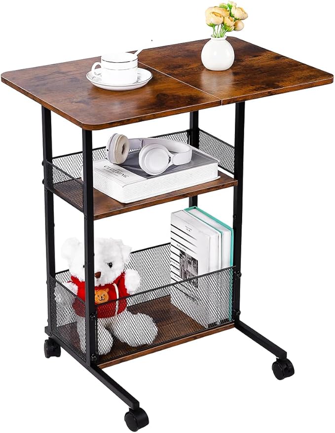 C Shaped End Table with Storage Shelf Basket, Small Couch Table with Wheels for Sofa Recliner Bedside, Rustic Brown Side Tables with Extended Desktop for Living Room, Bedroom, Home,Office