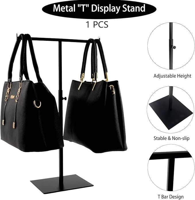Display Stand Stainless Steel Jewelry Towers Bag Stand Tabletop Double Hook Hanging Jewelry Stands for Necklaces Organizer Stand Adjustable Height Home Store Boutique, Black