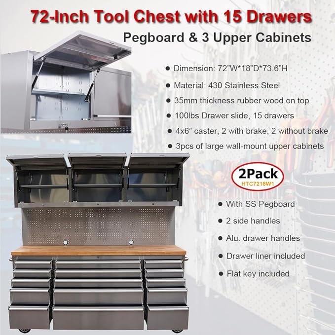 2 Pack - 72" Stainless Steel Rolling Tool Chest with 15 Drawers + 3 Upper Cabinets, Assembled Tool Box, Large Mobile Workbench, Lockable Storage Cabinet with Wheels for Garage Workshop (2 × HTC7218W1)
