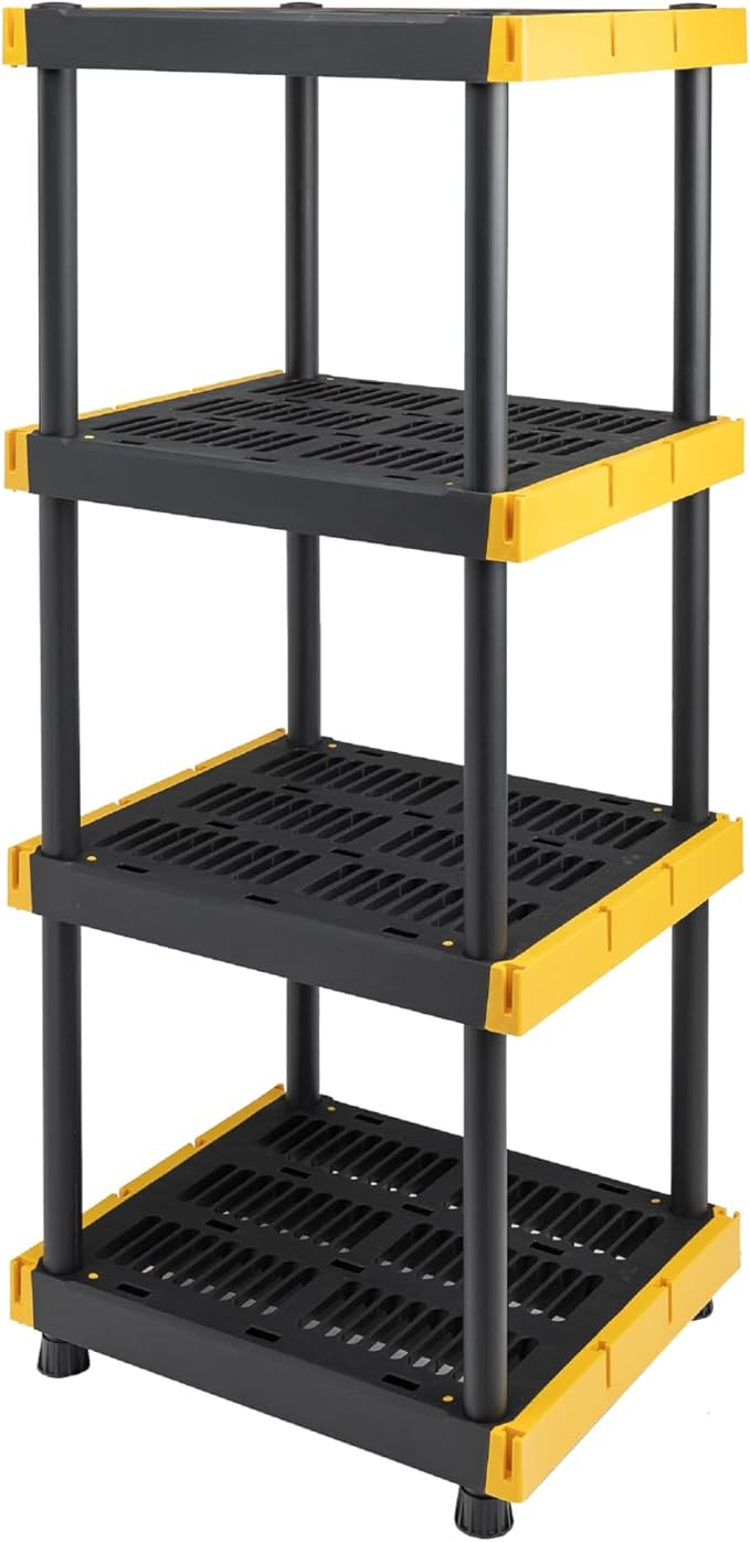 BLACK & YELLOW 4-Tier Heavy Duty Plastic Storage Shelving Unit, 100lbs/shelf (55H x 24W x 20D), for Indoor/Outdoor Organization, Modular Rack, Extremely Durable, Made in The USA