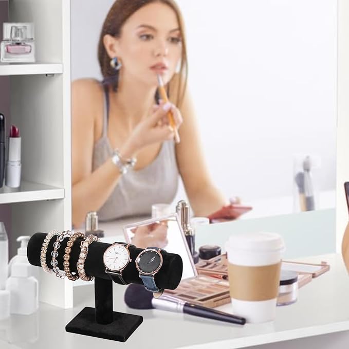 Novel Box Black Velvet T-Bar Bracelet Display Stand - Jewelry Organizer Tower Stands for Necklace Bangles Pendants Watch Anklets Scrunchie Storage - Hair Tie Organizer for Selling or Personal Use