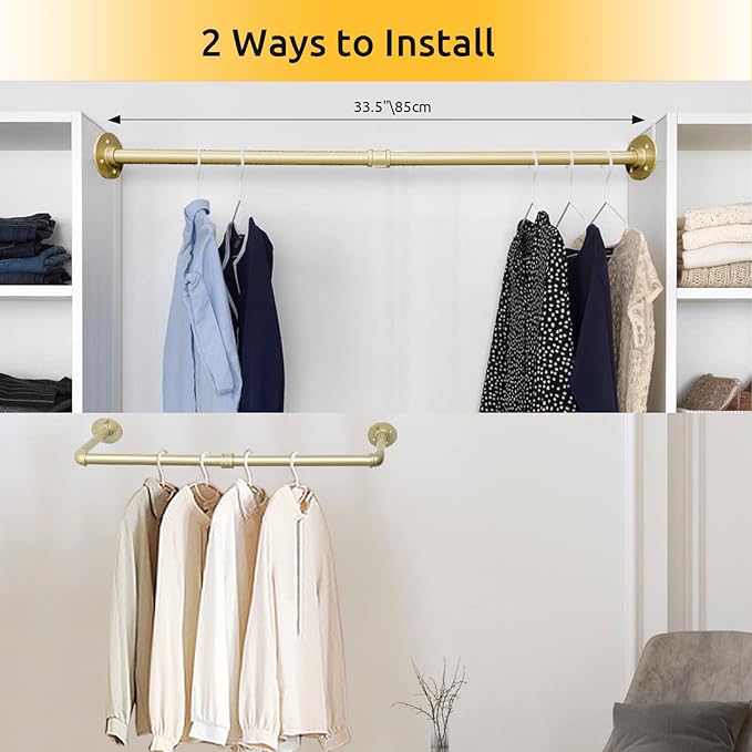 2 Packs Gold Industrial Pipe Clothes Rack,36 inch Pipe Garment Rack Hanging Rod Bar for Closet Storage,Laundry Room Up to Max Load 135lbs