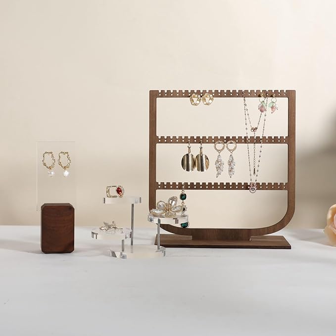 GemeShou wooden hanging jewelry organizer, walnut jewelry display holder for selling, dangle necklace storage shelf, 3 tier earring display stands for selling【Jewelry shelf-3 tier】