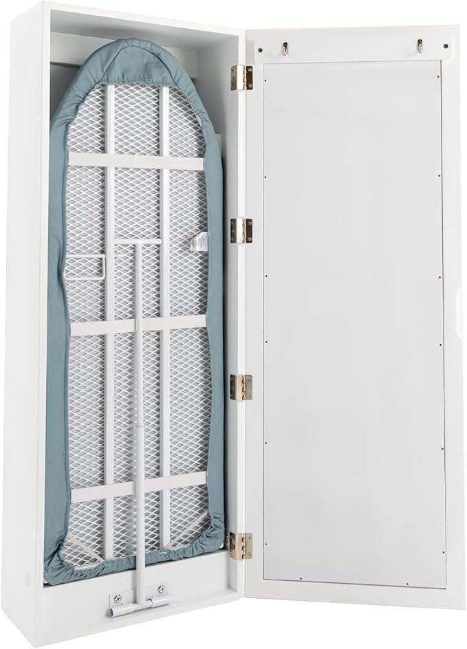 Wall Mounted Ironing Board Cabinet,Foldable Hanging Ironing Board with Mirror,Compact Mount Fold Down Iron Board for Small Spaces White
