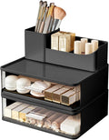 DASITON Makeup Organizer for Vanity with 2 Drawers, Stackable Cosmetic Organizer with Makeup Brush Holder, Plastic Bathroom Organizer Skincare Storage for Brushes, Eyeshadow, Lotions, Lipstick (Black)