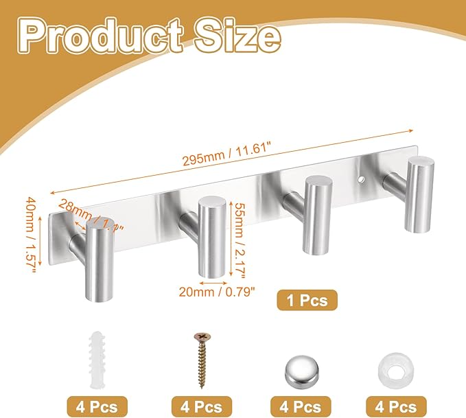 uxcell 1 Set Hat and Coat Wall Mount Rack, Stainless Steel 4 Hooks Towel Racks with Mounting Accessories Tower Hanger Organizer for Entryway Bedroom Kitchen, Silver