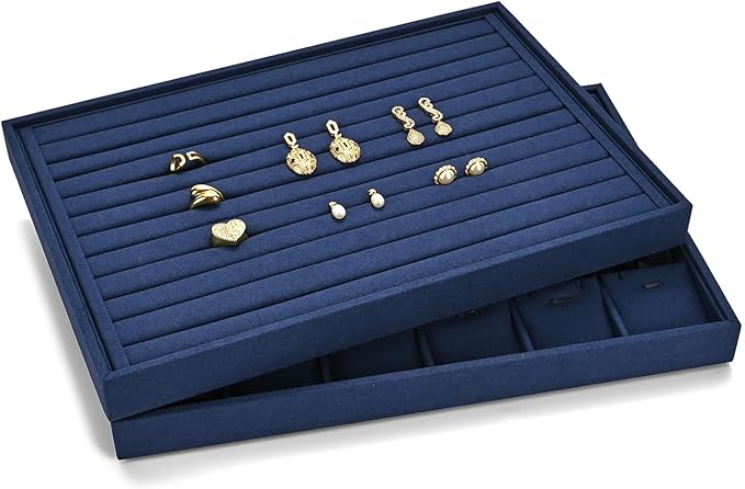 7 Slots Microfiber Jewelry Tray, Ring Display Earring Display Tray, Ring Earrings Studs Tray Showcase Display Jewelry Organizer (Blue)