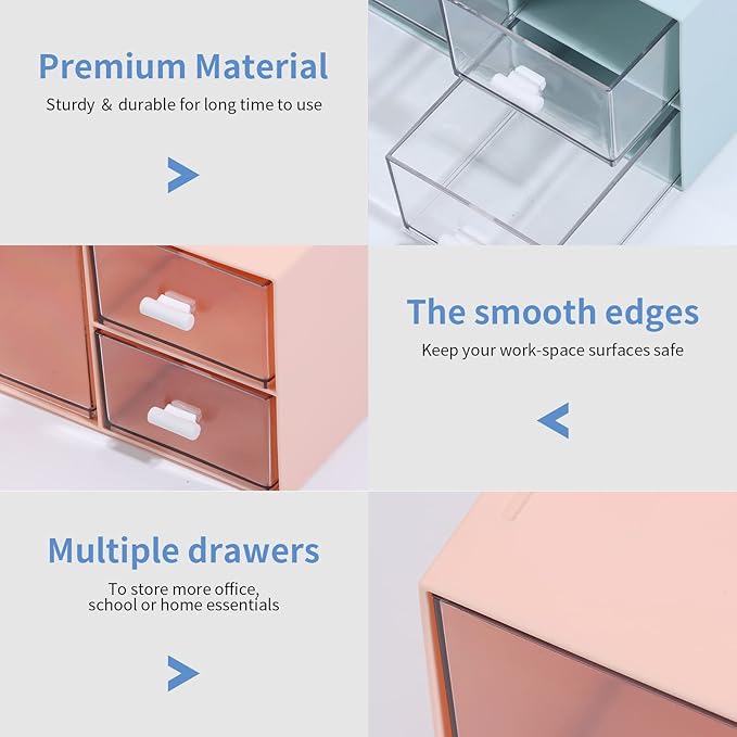 Desk Craft Organizer and Storage with 4 Mixed Drawers, Stackable Plastic Desktop Accessories & Workspace Organizer for Office Stationary, Makeup Skincare, Sanitation Supplies, Pink