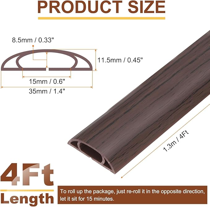 HARFINGTON 4ft Cord Cover Floor W0.6 x H0.33 Inner Channel PVC Hide Extension Cable Floor Wire Hider Wire Covers Protector for Prevent Cable Trips Cables Management, Wood Black