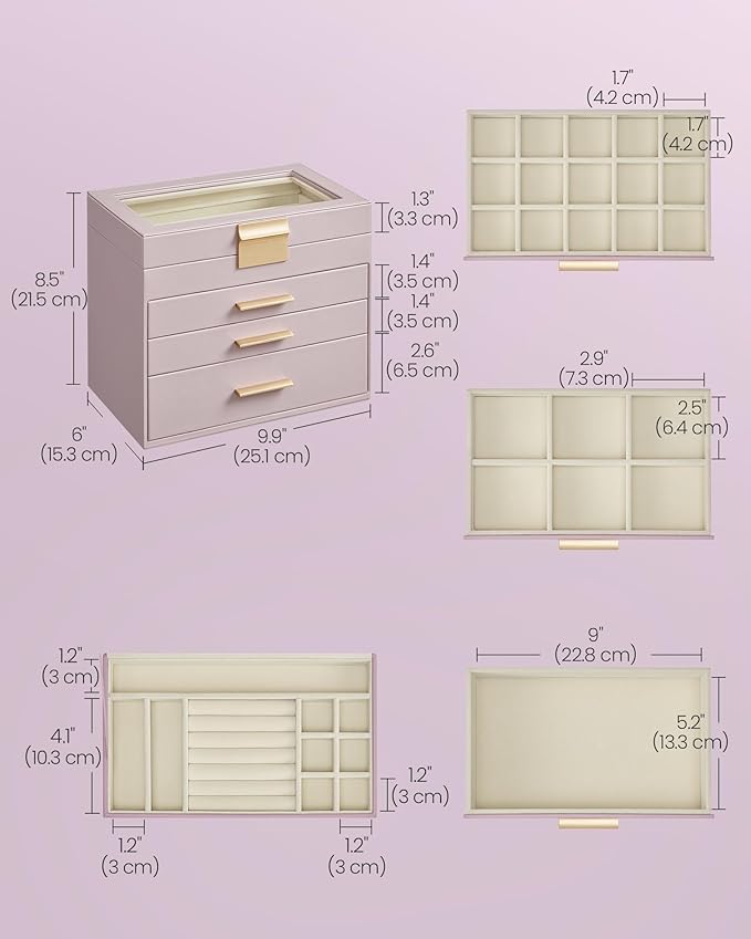 SONGMICS Jewelry Box Organizer with Glass Lid, 4-Layer Jewelry Storage, with 3 Drawers, Modern Style, Christmas Gift, 6 x 9.9 x 8.5 Inches, Lavender Purple and Gold Color UJBC161P01