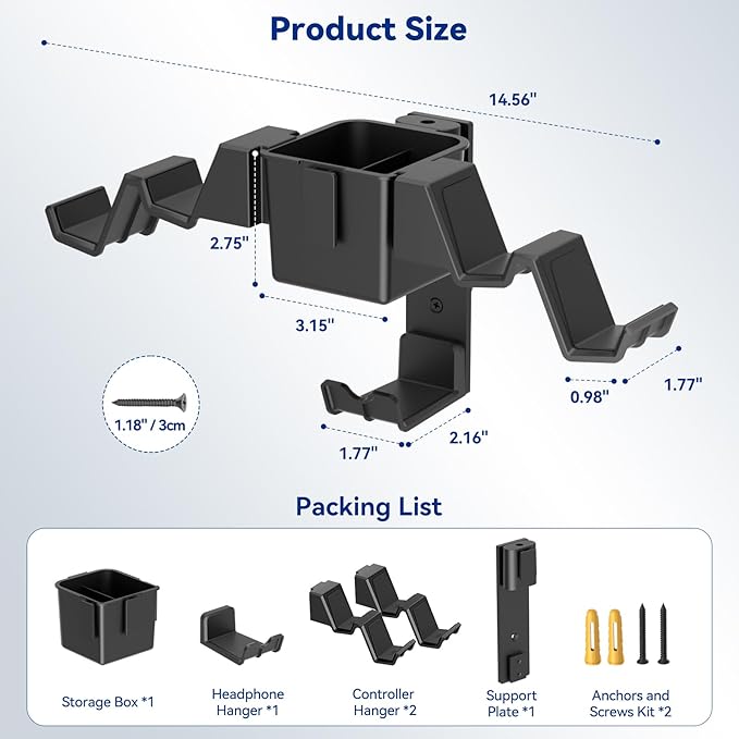 KDD Controller Wall Mount & Headset Holder, Universal Gaming Organizer Stand with Storage Box, Fits Xbox Series X/S, PS4, PS5, Switch, Steam, Gamepad Hanger for Headphones & Accessories