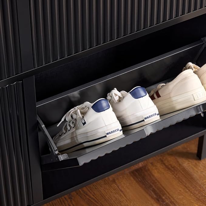 SoBuy Fluted Shoe Cabinet 4 Drawers, Narrow Shoe Storage Organizer for Entryway Black, Thin Free Standing Shoe Rack Porch Front Door, FSR177-L-SCH